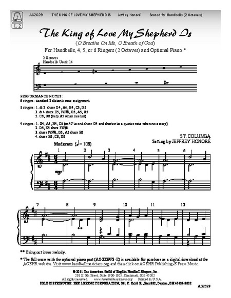 Product Description: Based on the hymn tune ST. COLUMBA, this arrangement reflects the green pastures and still-water images of Psalm 23 with LVs, thumb damps, and key changes. The piano part enhances the piece as whole, giving it a fuller, more enriching sound. The melody is passed between registers, so care should be taken to bring it out. This 72-measure piece is arranged in D Major, G Major, and C Major.</br></br>Important Note about Digital Downloads:</br></br>This is a digital download in PDF format. Please purchase the number of licenses for the number of copies you intend to make.</br></br>This will grant you permission to make ONE copy OR display on ONE electronic device for each license purchased.This permission and the accompanying PDF file may not be transferred, sold, or given to any additional or subsequent user. Please keep the receipt you received at the time of purchase as proof of your purchase and of the legal license to play this music.</br></br>We thank you for respecting the creative work of our composers and the U.S. copyright law.</br> The King of Love My Shepherd Is - Jeffrey Honoré
