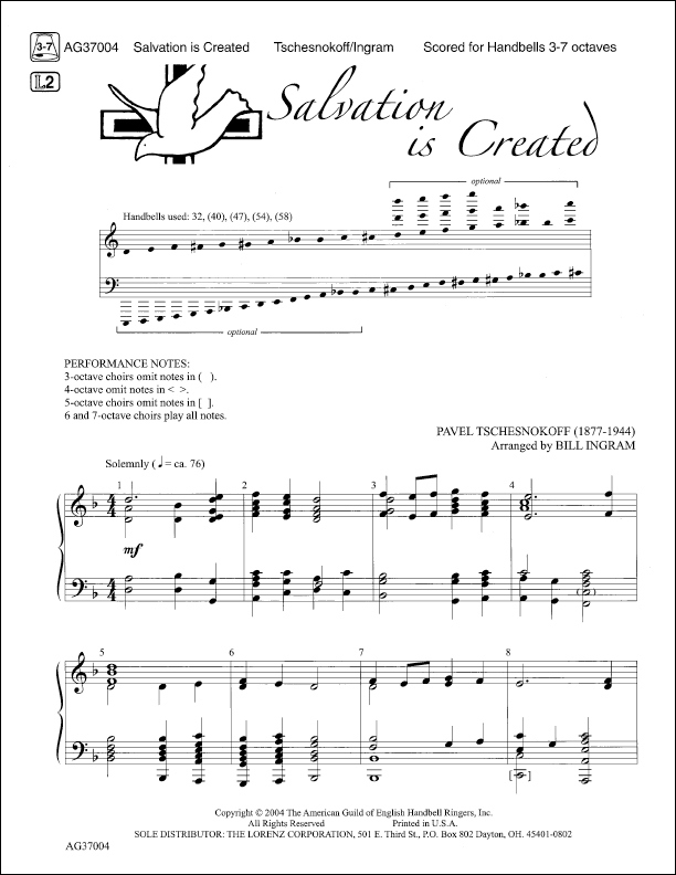 Product Description: This work is an easy-to-ring Russian choral classic with large chords. It is superb for massed ringing, Christmas or general use. A few eighth notes scattered along with the gong and a few meter changes add variety to this fairly simple 47 measure piece.</br></br>Important Note about Digital Downloads:</br></br>This is a digital download in PDF format. Please purchase the number of licenses for the number of copies you intend to make.</br></br>This will grant you permission to makeONEcopyORdisplay onONEelectronic device for each license purchased.This permission and the accompanying PDF file may not be transferred, sold, or given to any additional or subsequent user. Please keep the receipt you received at the time of purchase as proof of your purchase and of the legal license to play this music.</br></br>We thank you for respecting the creative work of our composers and the U.S. copyright law.</br> Salvation is Created - Ingram