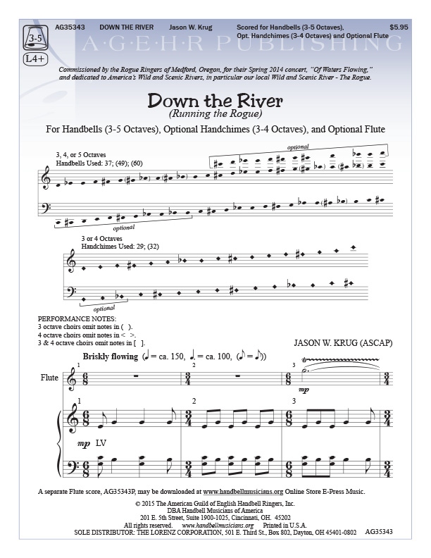 Product Description: This original piece for an advanced choir expertly paints a musical picture celebrating America’s wild and scenic rivers. Commissioned by the Rogue Ringers of Medford, OR, and based on the Rogue River, this imaginative piece was featured at Distinctly Bronze West 2015.</br></br>Your purchase grants you permission to make ONE copy OR display on ONE electronic device for each license purchased. Please purchase the number of licenses for the number of copies you with to make. This permission and the accompanying PDF file may not be transferred, sold, or given to any additional or subsequent user. Please keep the receipt you received at the time of purchase as proof of your purchase and of the legal license to play this music.</br> Down the River