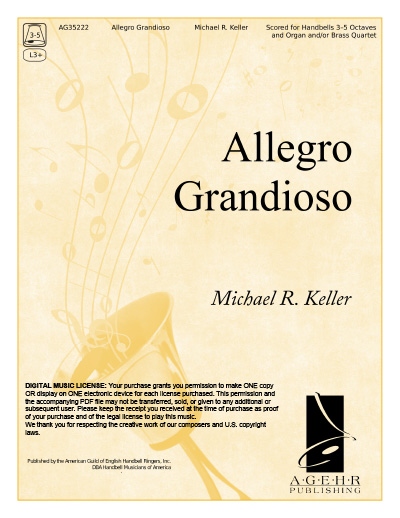 Product Description: This original F Major composition is a stately grand march for handbells and organ. The brass quartet, which may be used in place of organ, is scored for two Bb trumpets, horn in F ( a trombone may be substituted for the horn)trombone, and timpani. The number is full and uses a minimum of stopped techniques. Very attainable by almost all handbell choirs, it is a festive number for a festive occasion. This work is 110 measures.</br></br>Your purchase grants you permission to make ONE copy OR display on ONE electronic device for each license purchased. Please purchase the number of licenses for the number of copies you with to make. This permission and the accompanying PDF file may not be transferred, sold, or given to any additional or subsequent user. Please keep the receipt you received at the time of purchase as proof of your purchase and of the legal license to play this music.</br></br>Organ Part: Click Here</br>Instrument Parts: Click Here</br> Allegro Grandioso