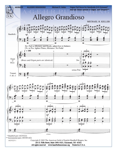 Product Description: by Michael R. Keller</br></br>Organ Part and Full Score</br></br>This original F Major composition is a stately grand march for handbells and organ. The brass quartet, which may be used in place of organ, is scored for two Bb trumpets, horn in F ( a trombone may be substituted for the horn)trombone, and timpani. The number is full and uses a minimum of stopped techniques. Very attainable by almost all handbell choirs, it is a festive number for a festive occasion. This work is 110 measures.</br></br>Your purchase grants you permission to make ONE copy OR display on ONE electronic device for each license purchased. Please purchase the number of licenses for the number of copies you with to make. This permission and the accompanying PDF file may not be transferred, sold, or given to any additional or subsequent user. Please keep the receipt you received at the time of purchase as proof of your purchase and of the legal license to play this music.</br></br>Handbell Part: Click Here</br>Instrument Parts: Click Here</br> Allegro Grandioso - Organ/Full Score