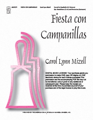 Product Description: by Carol Lynn Mizell</br></br>3-5 Octaves Handbells; Opt. 2-3 Octaves Handchimes; Opt. Castanets</br></br>Packed with exciting rhythms and energy, this original title from Carol Lynn Mizell is both fun to ring and a sure audience favorite. Fiesta con Campanillas is available in 2-3 and 3-5 octave formats with optional chimes and percussion (castanets). This composition is in d minor and was the winner of the 2007 Area V Composition Contest.</br> Fiesta con Campanillas - 3-5 Octave