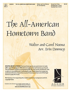 Product Description: The All-American Hometown Band</br>Walter & Carol Noona</br>arr. Erin Downey</br></br>This is an advanced solo that will captivate and dazzle your audience! Three pages of performance notes are most helpful. Among these three pages is a diagram of how the bells should be arranged on the table. Tempo marking is quarter = 126. Set in C Major, this piece is 74 measures.</br></br>You can also purchase audio files of the accompaniment for practice or performance by CLICKING HERE.</br></br>Digital Music License: Your purchase grants you permission to make ONE copy OR display on ONE electronic device for each license purchased. This permission and the accompanying PDF file may not be transferred, sold, or given to any additional or subsequent user. Please keep the receipt you received at the time of purchase as proof of your purchase and of the legal license to play this music.</br></br>We thank you for respecting the creative work of our composers and U.S. copyright laws.</br> The All-American Hometown Band