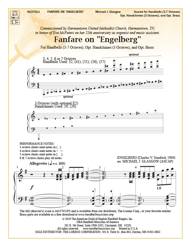 Product Description: Fanfare on Engelberg</br>arr. Michael J. Glasgow</br></br>The tune "Engelberg" is most associated with the hymn "When in Our Music God is Glorified." Michael Glasgow gives us a picturesque and powerful arrangement for 3 to 7 octaves of bells, optional 3 octaves of chimes, and optional brass.</br></br>DIGITAL MUSIC LICENSE: Your purchase grants you permission to make ONE copy OR display on ONE electronic device for each license purchased. This permission and the accompanying PDF file may not be transferred, sold, or given to any additional or subsequent user. Please keep the receipt you received at the time of purchase as proof of your purchase and of the legal license to play this music.</br> Fanfare on Engelberg