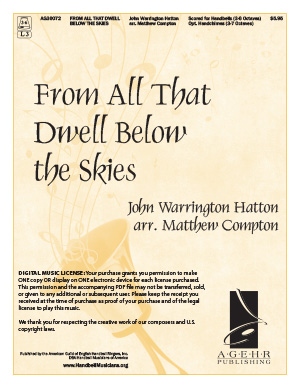Product Description: John Warrington Hatton</br>arr. Matthew Compton</br></br>Commissioned in honor of the dedicated service of Jennifer Cadwell, Maple Grove, Minnesota, Area 7 Chair 2022-2024, and to the many who served with her during her six-year term and shared the same passion.</br></br>Each license purchased will allow you to make ONE copy of the PDF file or display on ONE mobile device. Please purchase the number of licenses for the number of copies you intend to make.</br> From All That Dwell Below the Skies